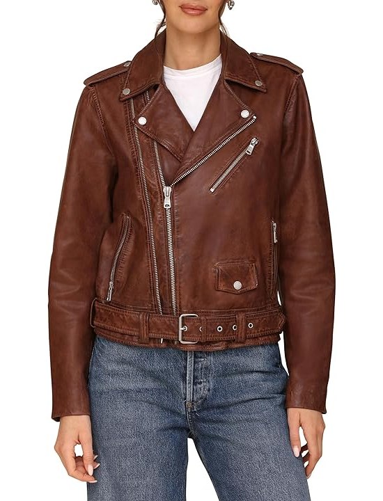Avec Les Filles Genuine Leather Relaxed Biker Jacket Womens Jacket Coffee