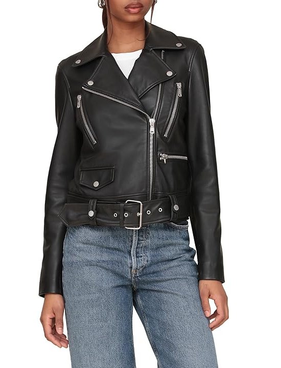 Avec Les Filles Genuine Leather Belted Biker Jacket Womens Jacket Black