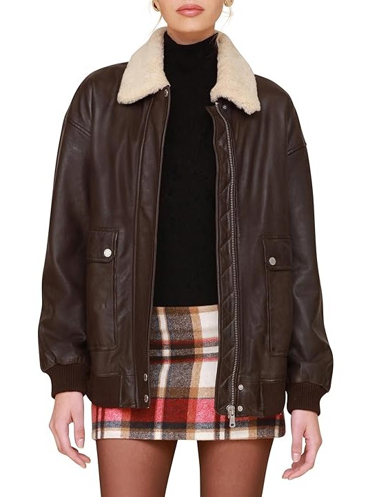 Avec Les Filles Genuine Leather Relaxed Aviator Jacket Womens Jacket Espresso