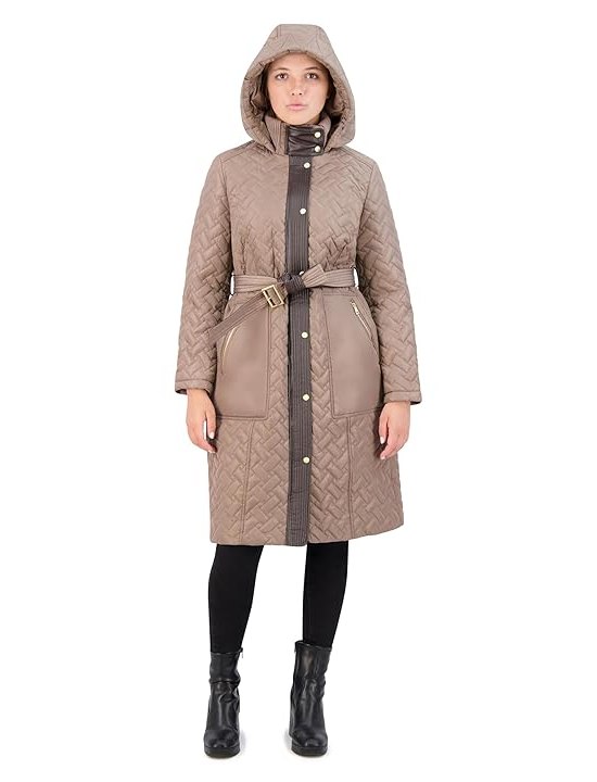 Cole Haan Hooded Long Belted Coat Womens Jacket Cashew